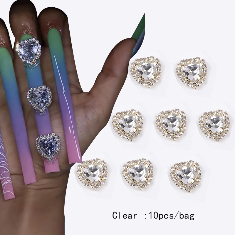 10PCS Shiny Luxury Heart Nail Charm Elegant Classic Nail Crystal Gem Stones Decoration Rhinestones 3D Flatback Heart