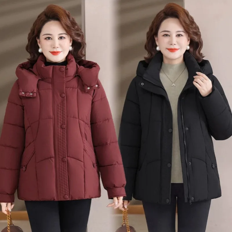 New Elegant Hooded Quilted Padded Coat Women's Short Zip Up Button Down Textured Panel Thickened Thermal Windproof Winter Jacket