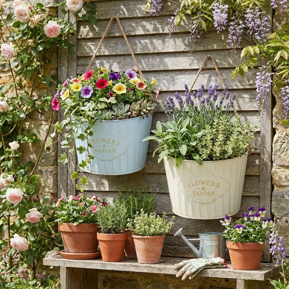 Semi Round Hanging Flower Pot Retro Iron Art Wall Mounted Hanging Basket Wear-resistant Plant Bucket Over Fence Planter