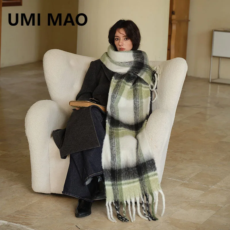 

UMI MAO Korean Version Niche Fresh Mint Wave Plaid Wrap Feel Large Scarf Winter Cold-Proof Shawl Student Warm Neck Scarf