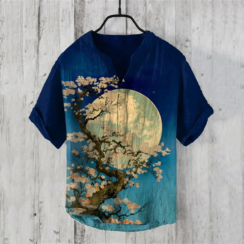 New cross-border Hawaiian art prints colorful waves and leaves series 3D digital prints casual loose short-sleeved shirts