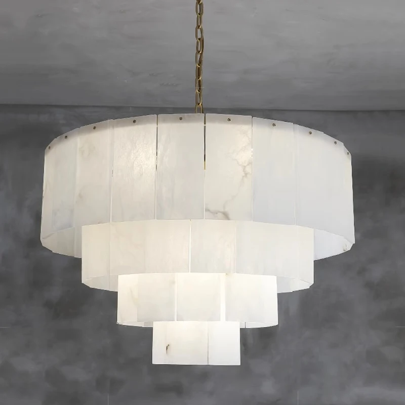 

Simple Modern Living Dining Room Brass Alabaster Pendant Lights Round Nordic Villa Duplex Bedroom Natural Marble Chandelier Lamp