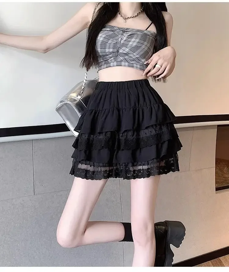 JOEVILU White Tutu Skirt A-line Elastic High Waist Mini Skirts Short Lace Cake Skirt Thin Summer Korean Fashion Goth Y2k Clothes
