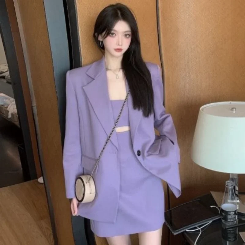 2024 Mini Two Piece Set for Women Suit with Skirt and Blazer Outfit Womens Short 2 Sets Purple Long Sleeve Summer Festival Korea