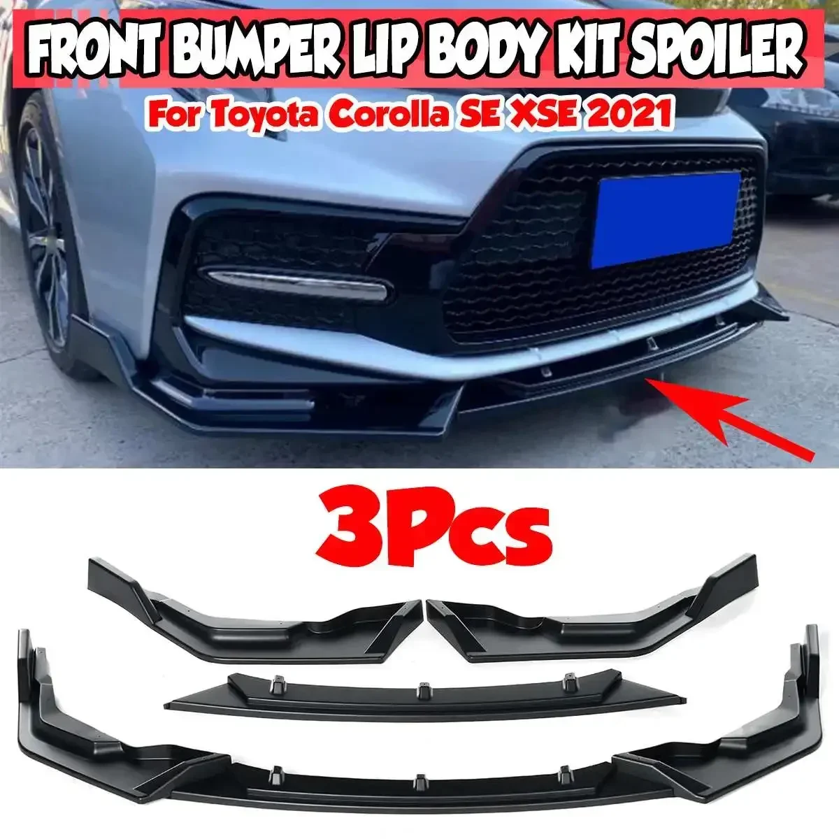 3pcs Car Front Bumper Splitter Lip Diffuser Spoiler Cover Trim Fins Protection Guard For Toyota Corolla SE XSE 2021 Body Kit