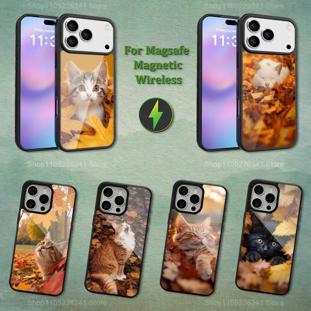 

Maple leaves And Cats For iPhone 12,14,11,15,13,16,17,For Magsafe,Plus,Mini, Pro,Max,Magnetic Wireless Charging Case
