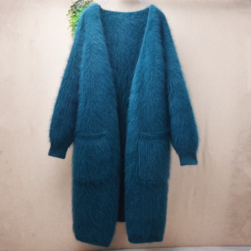 

1.2KG Heavy Thick Women Mujer Autumn Winter Hairy 100% Mink Cashmere Knitted Long Sleeevs Loose Long Sweater Cardigans Coat Pull