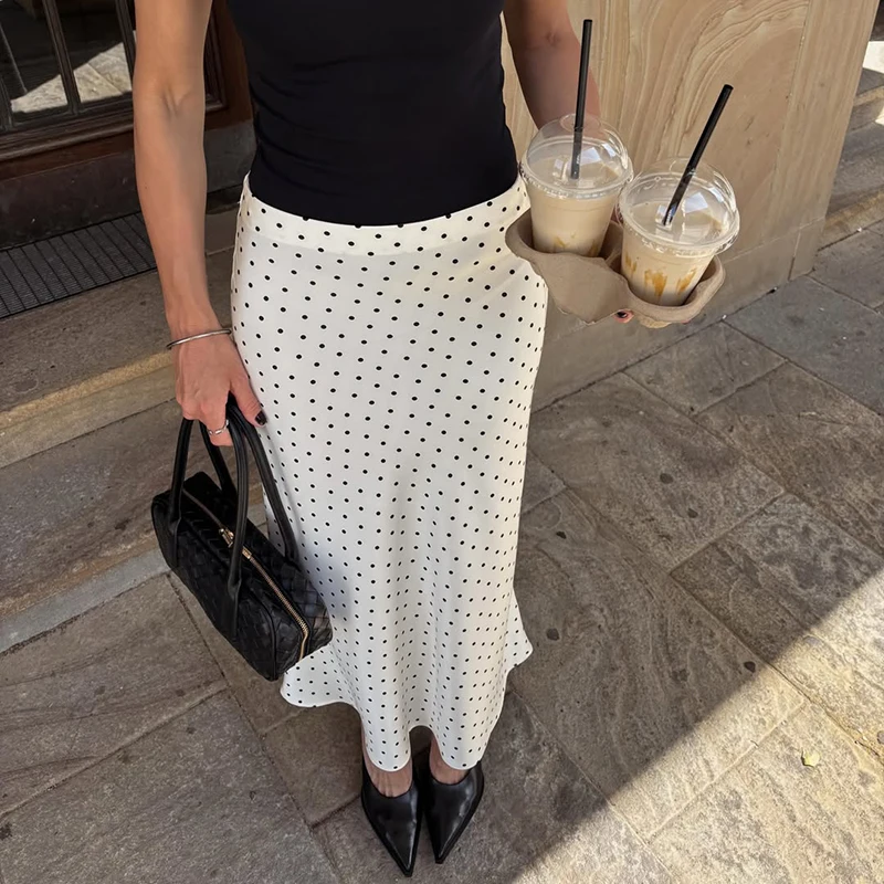 Vintage Polka Dot Long Skirt Women 2026 Summer Sexy High Street Satin Skirt Office Lady Elegant Slim Fit Maxi Skirts Bottoms