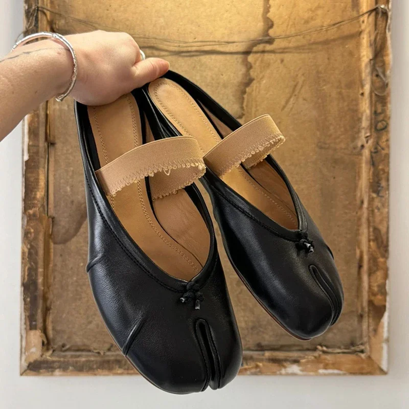 

2024 New One-Word Leather Split-Toe Shoes For Women's Summer Outer Wear Bag Head Half Slippers Cowhide Muller Cool Slippers