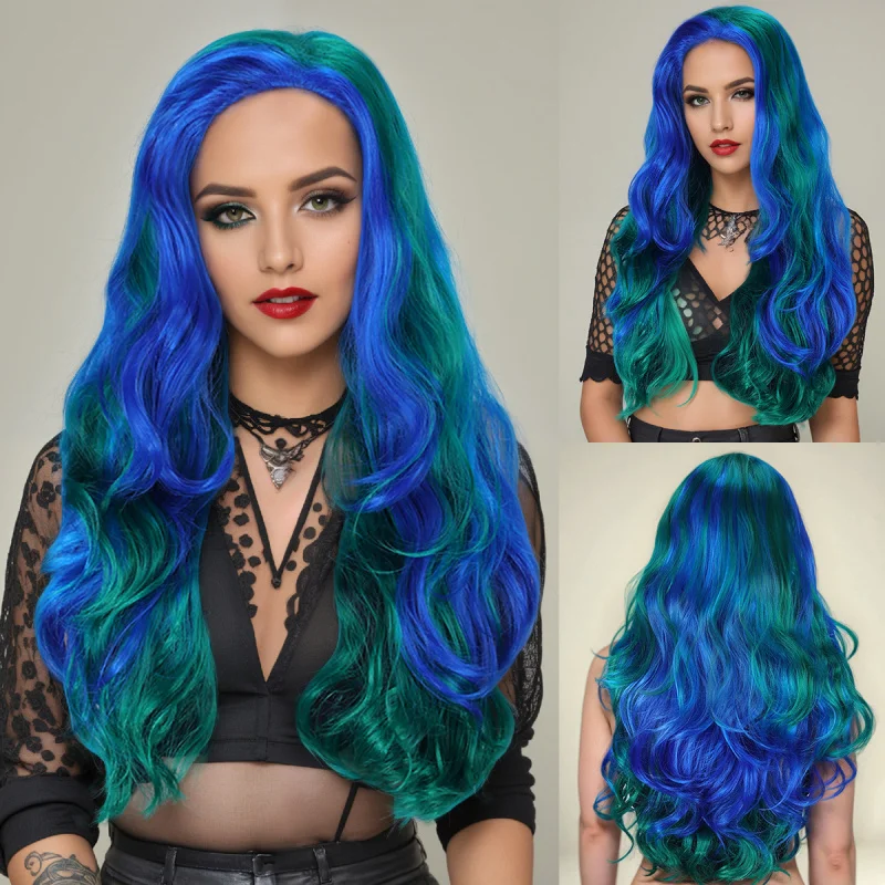 Synthetic long curly hair with blue highlights, natural and realistic lace part wig