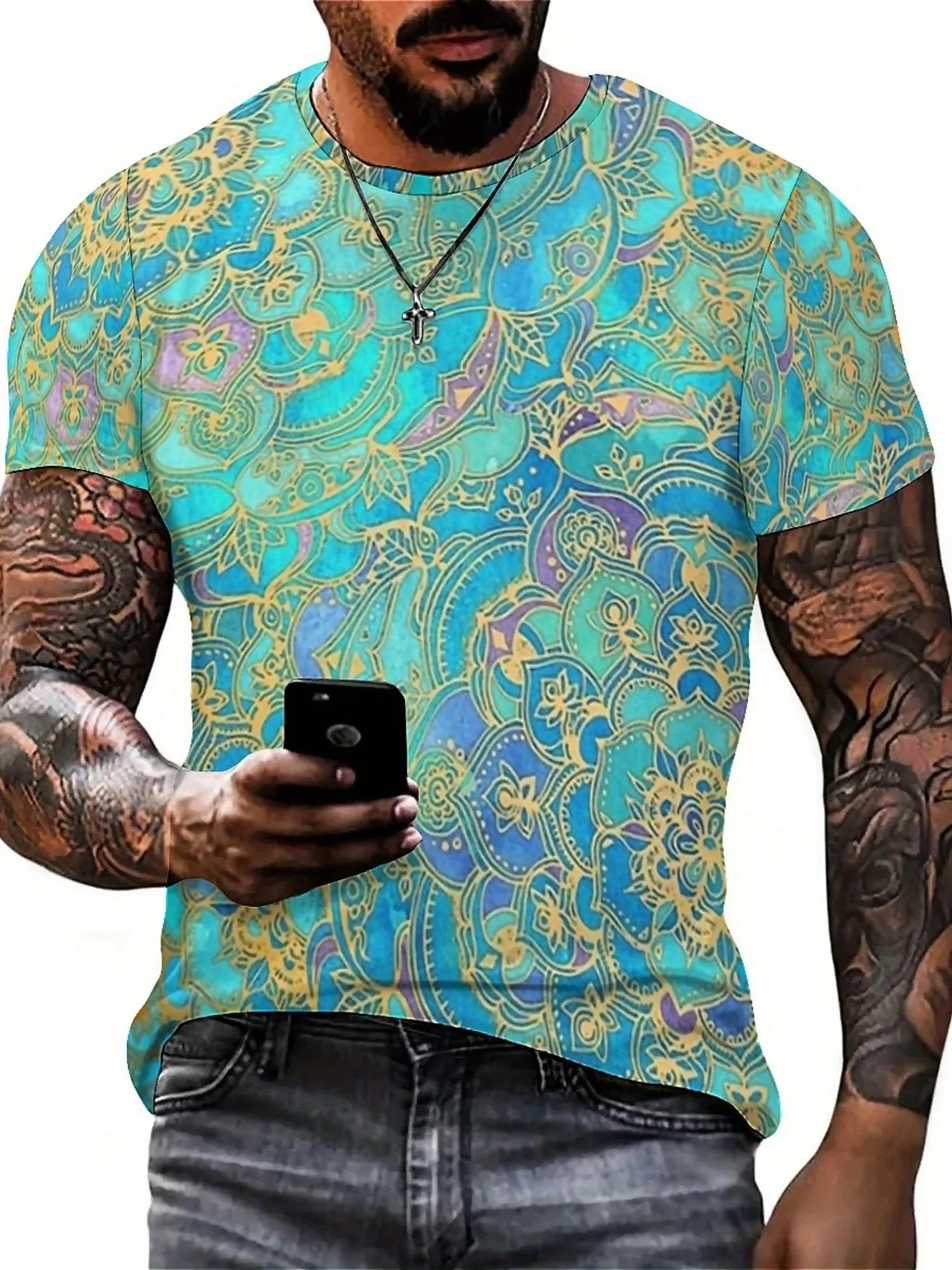 Camiseta masculina plus size com estampa 3D – tecido de poliéster macio e confortável, leve e respirável, azul vibrante e geométrico dourado