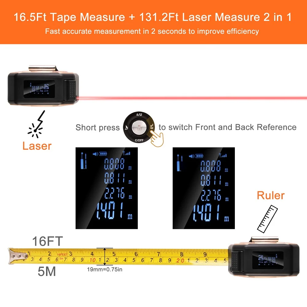 40/60M Laser Tape Measure Distance Meter Stainless Digital 5m Retractable Roll Cord Rangefinder 3 In 1 Laser Measuring Tool