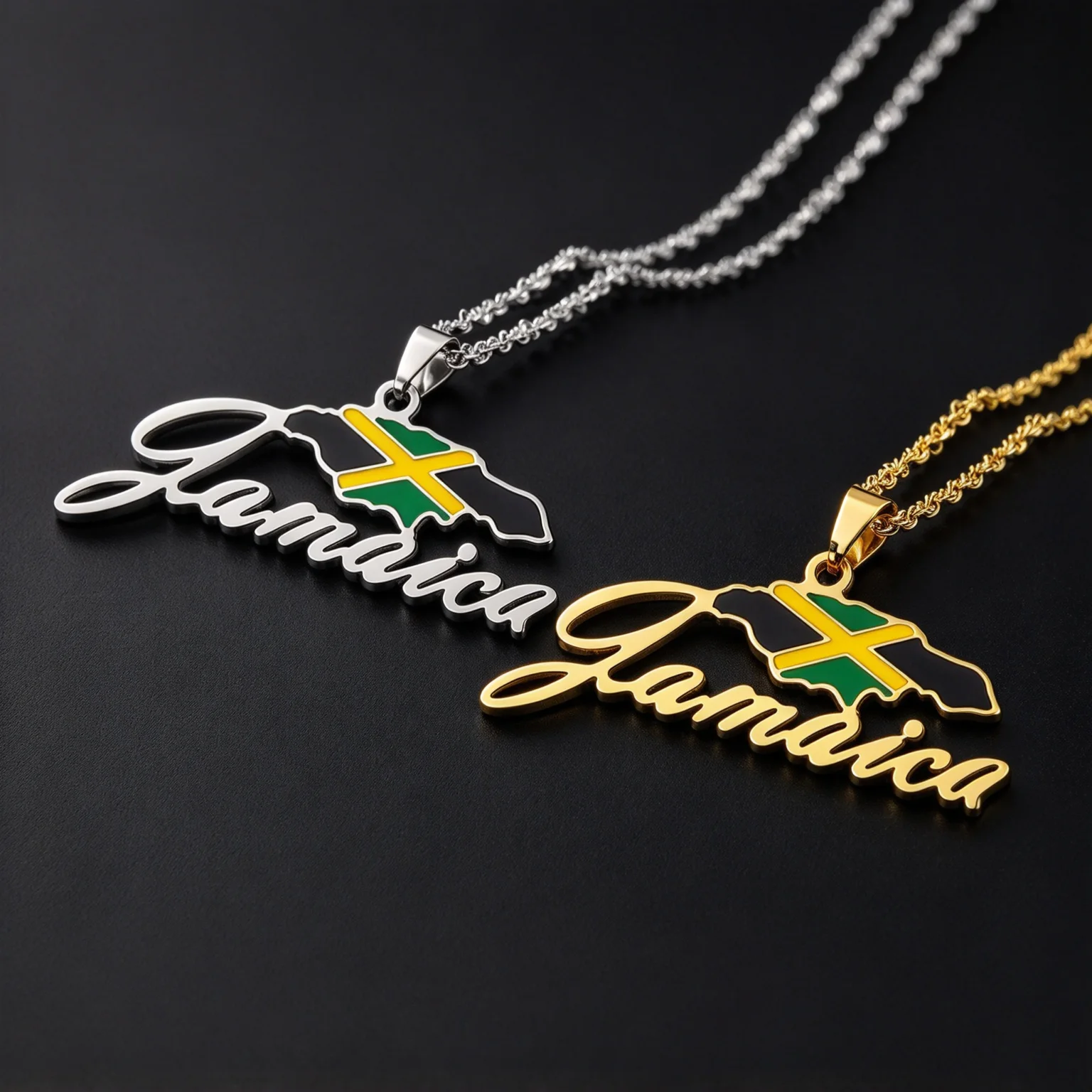 Rasta Reggae Jamaica Island Map Pendant Necklace Afro Inspired Caribbean Hip Hop Stainless Steel Jewelry Gift
