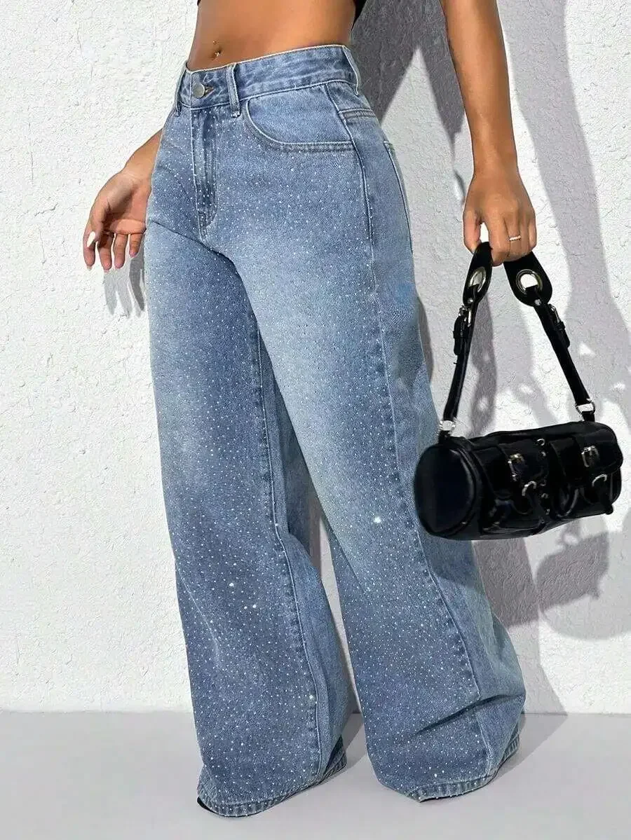 

Women Low Waist Beaded Wide Leg Denim Jeans Casual Loose Fit Streetwear Pants