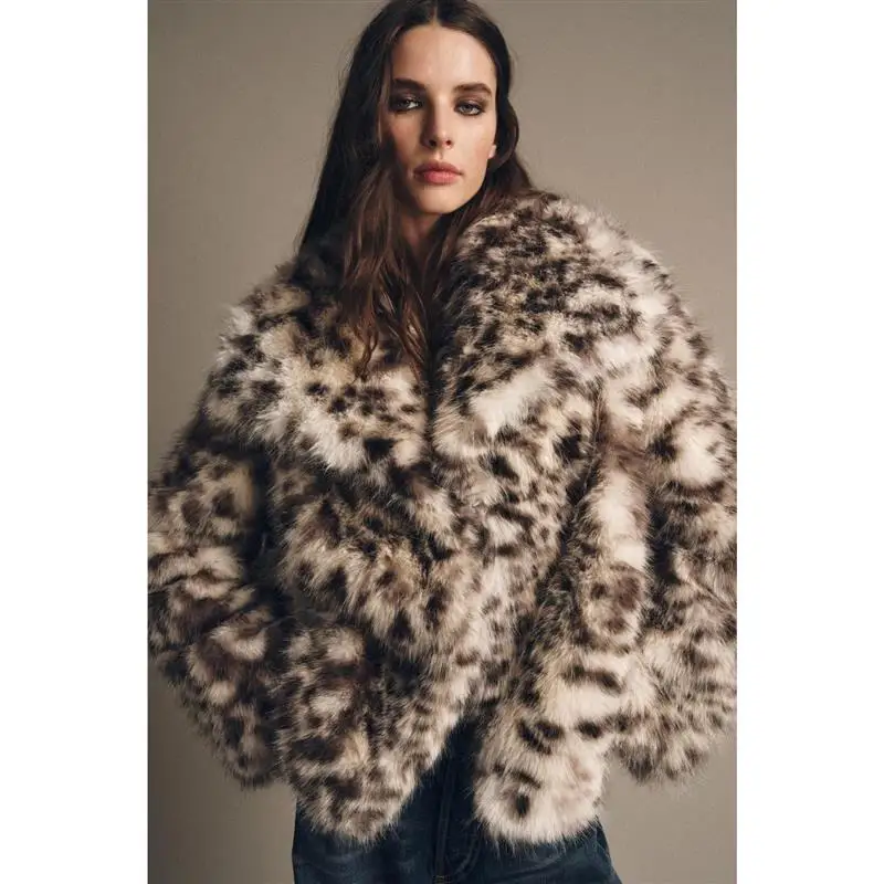 

Invisible Hook Closure Animal Print Faux Fur Jaet Youth Women's Casual Sle Long Sve Slim Fit Outerwear for Early Autumn