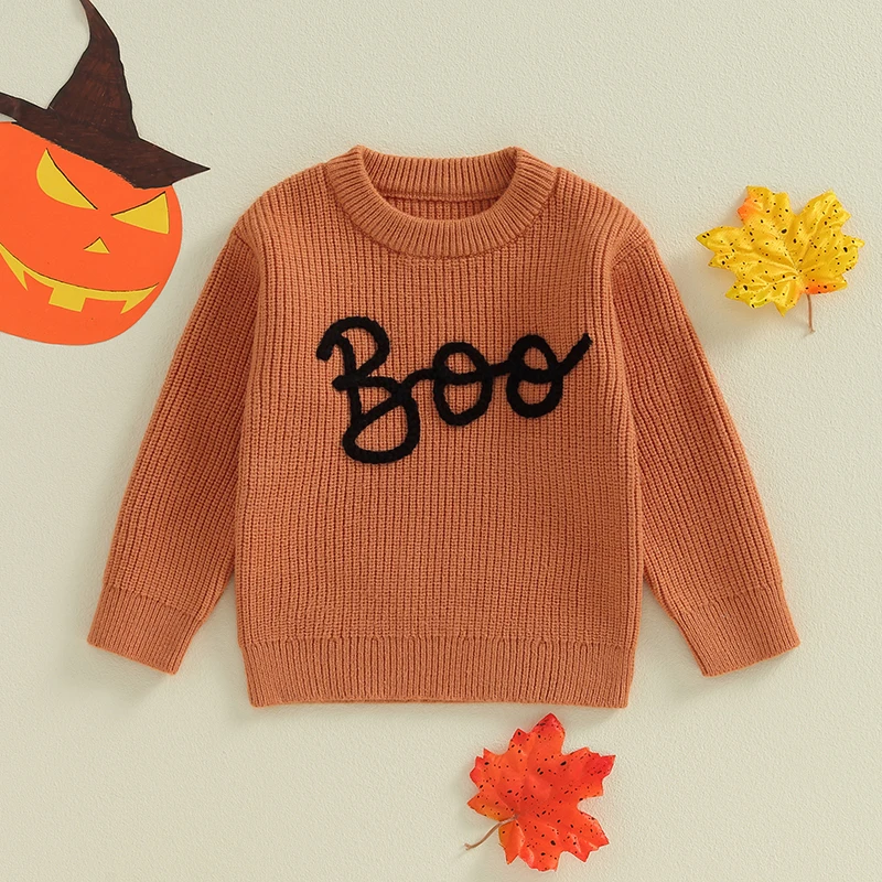 

Toddler Baby Boy Girl Halloween Sweater Knit Boo Letter Embroidery Sweaters Oversized Pullover Outfit Fall Clothes