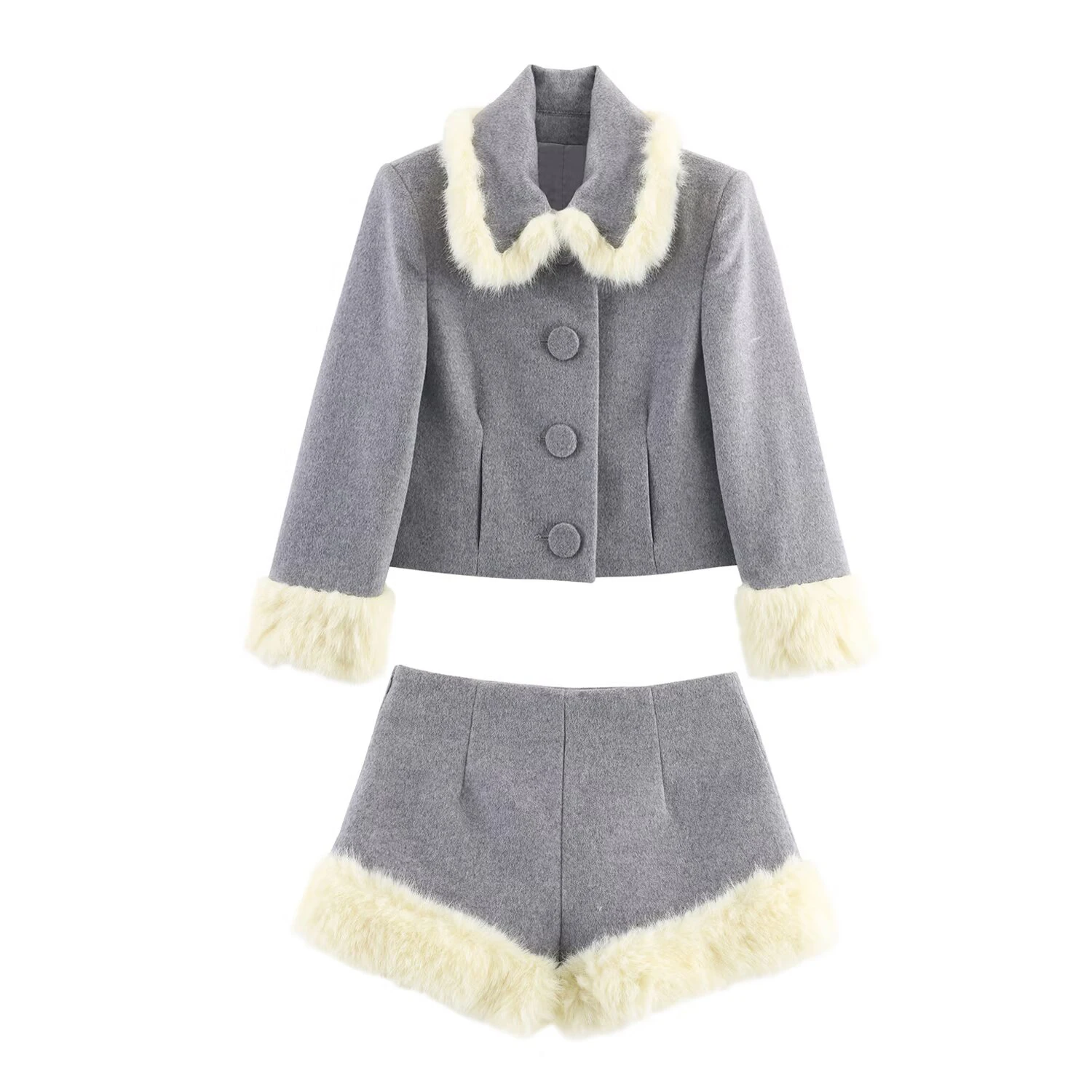 European and American Style Women's New 2025 Fashion Patchwork Artificial Fur Effect Jacket and Shorts Set