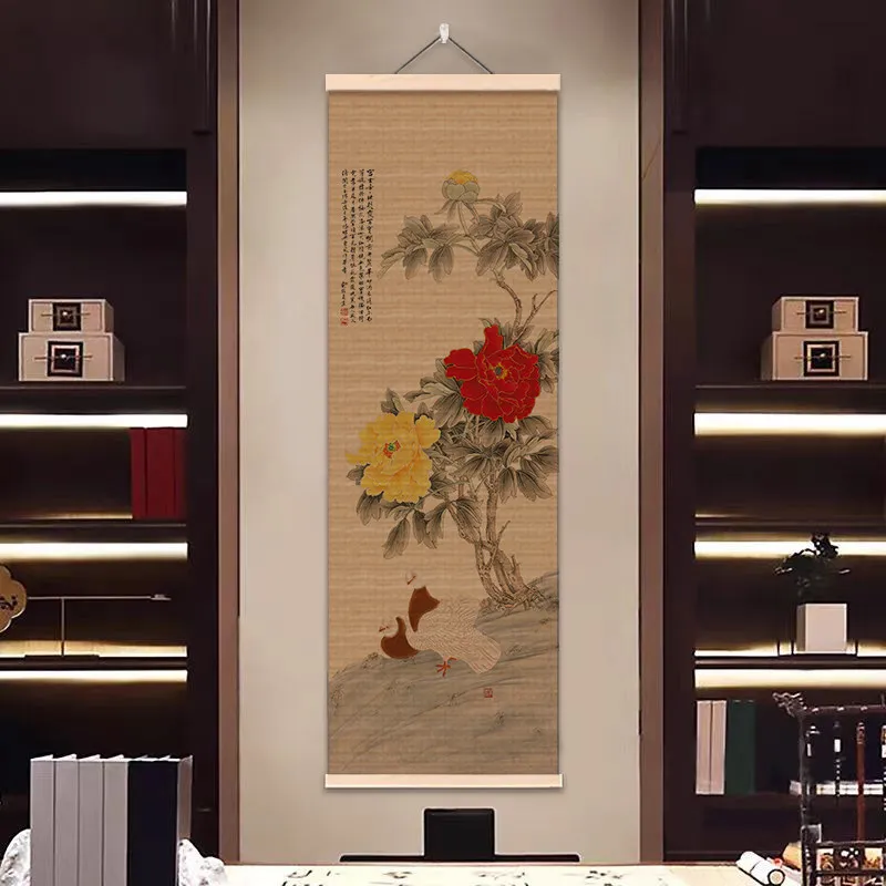 Mid-century Vintage Bamboo Scroll Curtain Chinese Flower Bird Art Hanging, Entry Foyer Tea Room Study Background Cover Decor