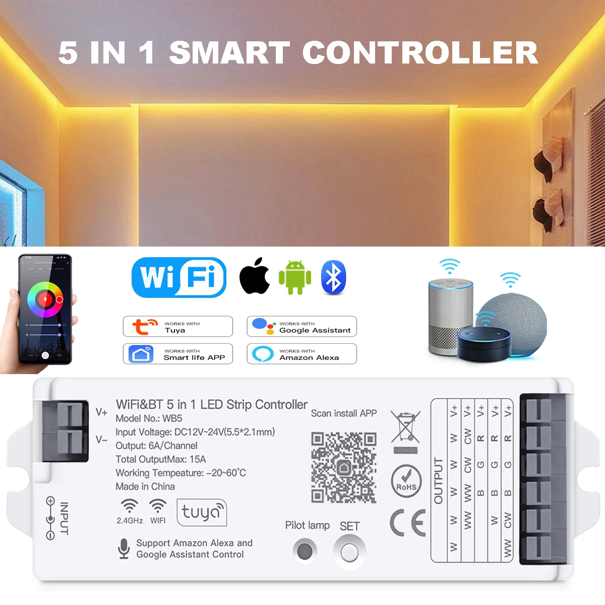 5 NI 1 Multifunctional Smart LED Controller,Wireless Communication Module Intelligent LED Dimmer Tuya Wifi Strip Lights Switch