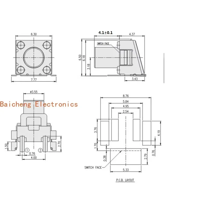 10pcs Waterproof and dustproof patch with 2-pin bracket, side button lightly touched, side button switch 6 * 6 * 7