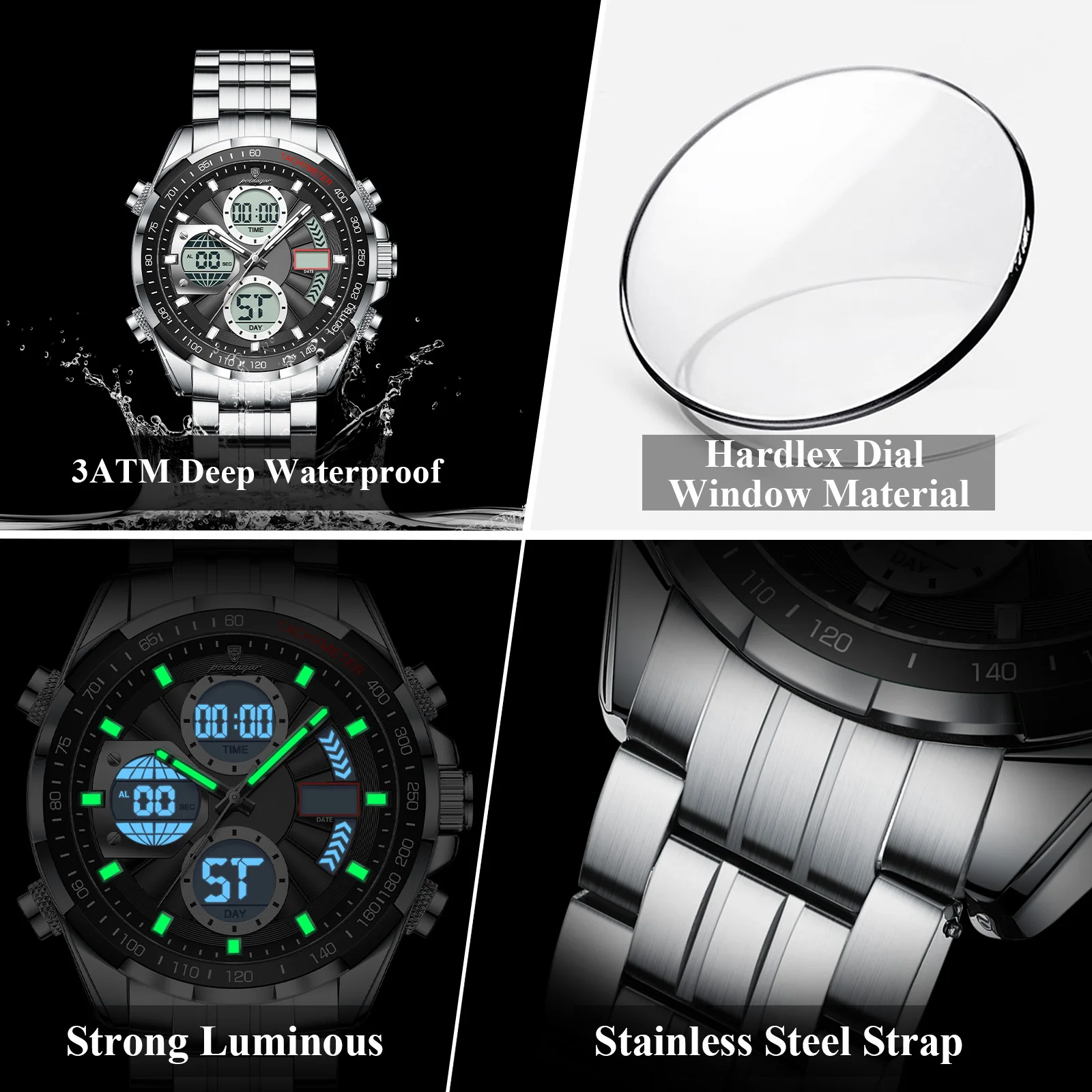 POEDAGAR High Quality Electronic Male Wristwatch Waterproof LED Men's Quartz Watches Stainless Steel Dual Time Digital Men Clock image 4