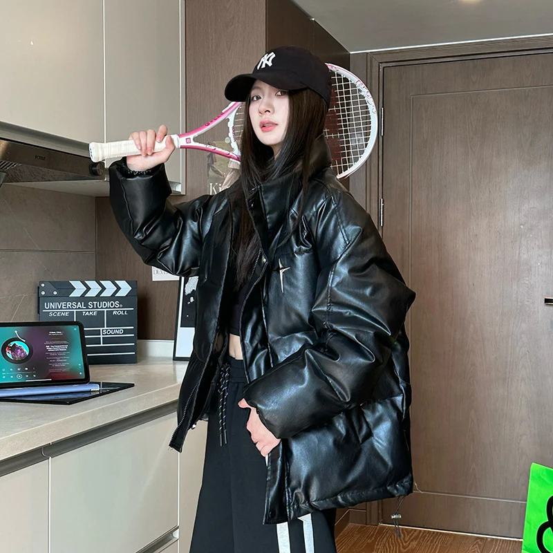 

American High Street PU Leather Cotton Jacket Thickened Winter Coat Stand Collar Bread Style Couple Outerwear Casual Style