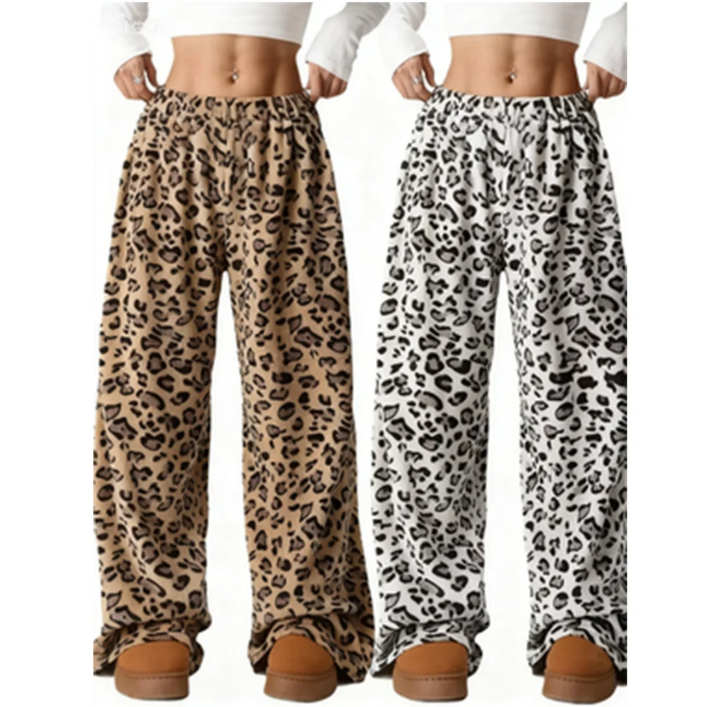 Nuevos pantalones para dormir informales de franela de alta calidad para otoño e invierno para mujer con cintura elástica y pantalones para dormir con estampado de leopardo