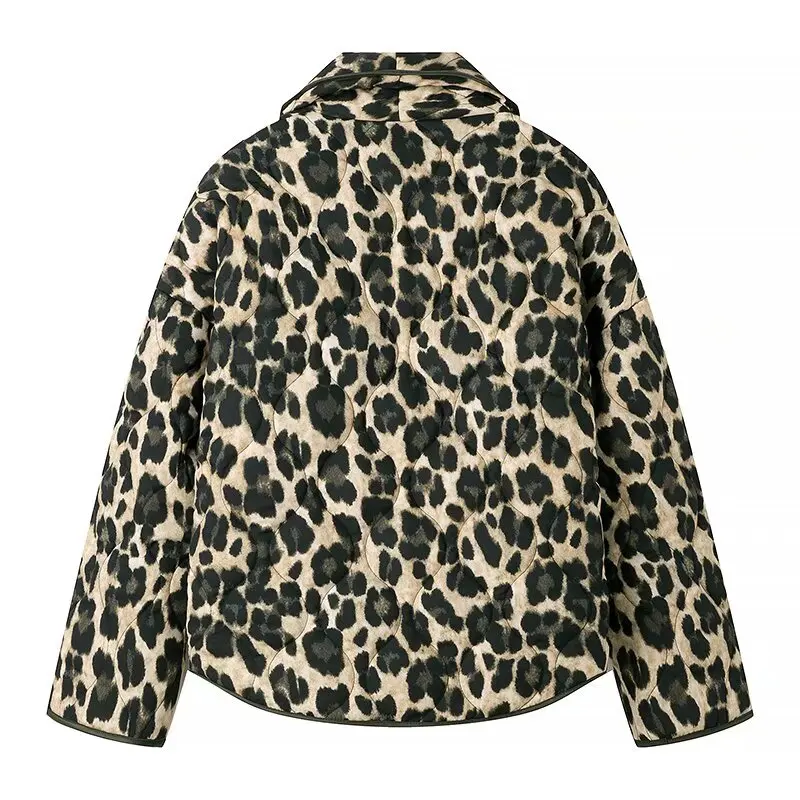 Plus Size Women Clothing Leopard Print Wool Coat Winter Warm ＆ Lightweight Short Jacket With Cotton Lining Long Sleeve Cardigan