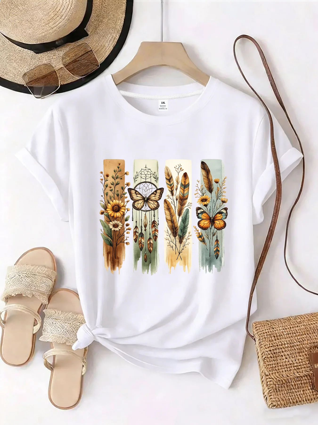 

【WZM101423】Butterfly print plus size women's round neck summer casual short sleeved street fashion versatile plus size T-shirt