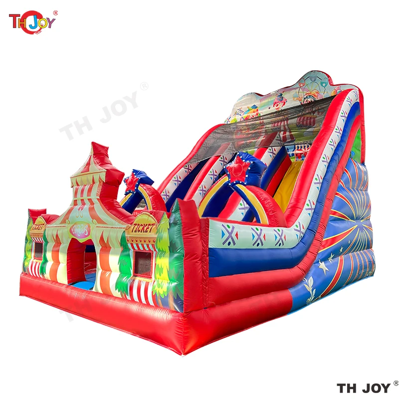 15x8m Circus Clown kasteel springkussen glijbaan functie, reuzenrad opblaasbare springkastelen, opblaasbare speeltuin combo's