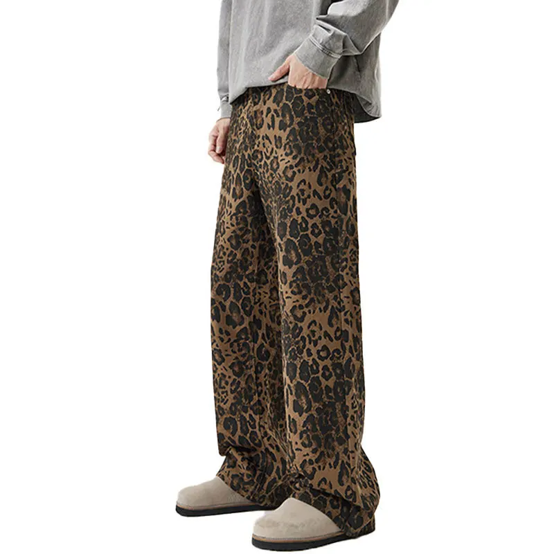 Men's Leopard Print Jeans  Pants 2025 Spring & Autumn High Street Handsome Loose Straight Wide Leg Denim Trousers