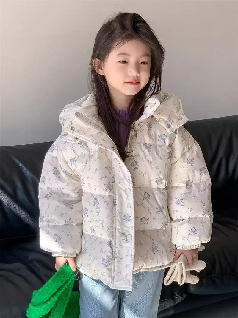 

2-12 Year Girls' Floral Down Cotton Jacket Winter New Style Children's Hooded Bread Coat Princess Thicken Parka 90-160cm