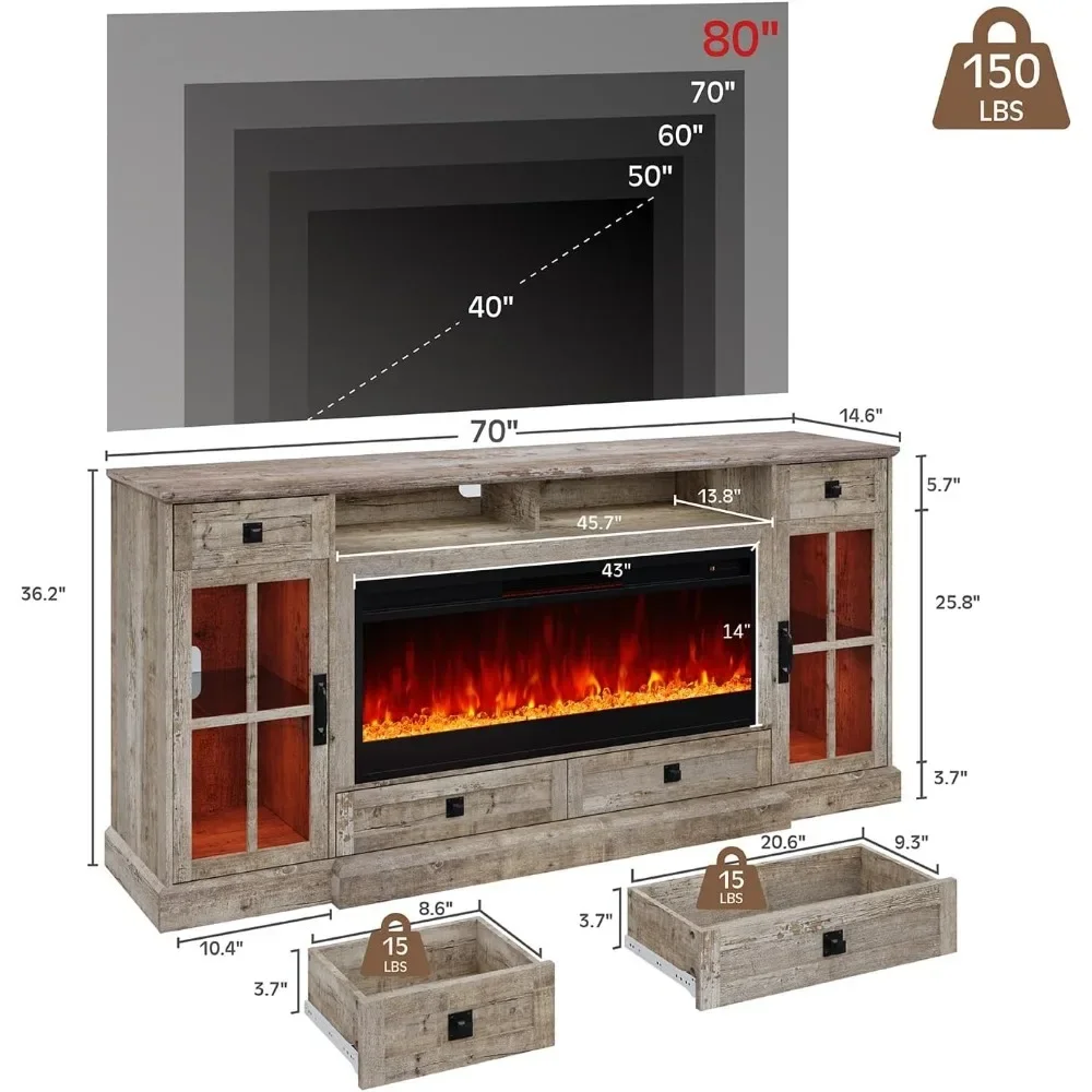 Farmhouse Fireplace TV Cabinet with Illuminated Glass Door Cabinet/drawers/adjustable Shelves, Equipped with Electric Fireplace