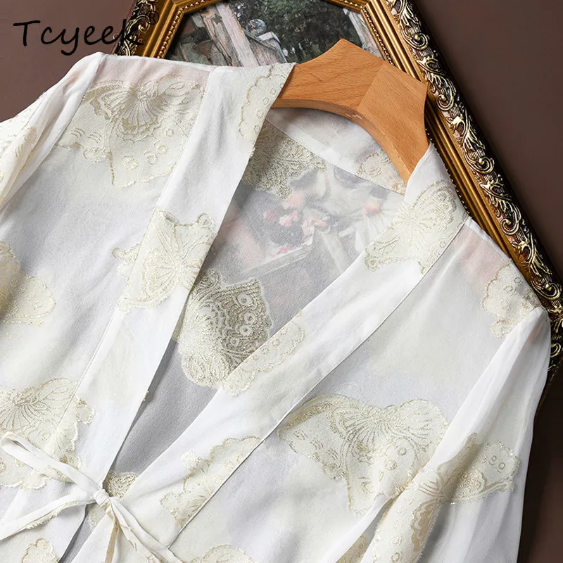 Tcyeek 100% Real Mulberry Silk Women's Tops 2026 Spring Lightweight Lace-up Ethereal Flare Sleeve Shawl Woman Clothes Ropa Mujer