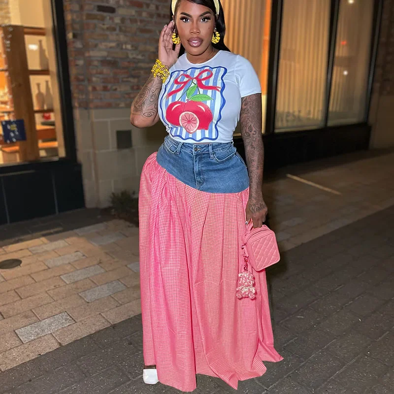 

Streetwear Chic 2 Piece Sets Woman Outfit Birhtday Club T-shirt Top and High Split Plaid Patchwork Long Skirt Matching Sets 2025