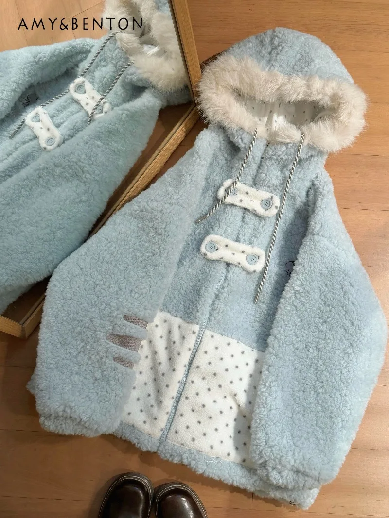 

Японское кавайное пальто с мультяшной вышивкой в горошек и меховым воротником из овечьей шерсти, женское милое утолщенное двустороннее хлопковое пальто с капюшоном