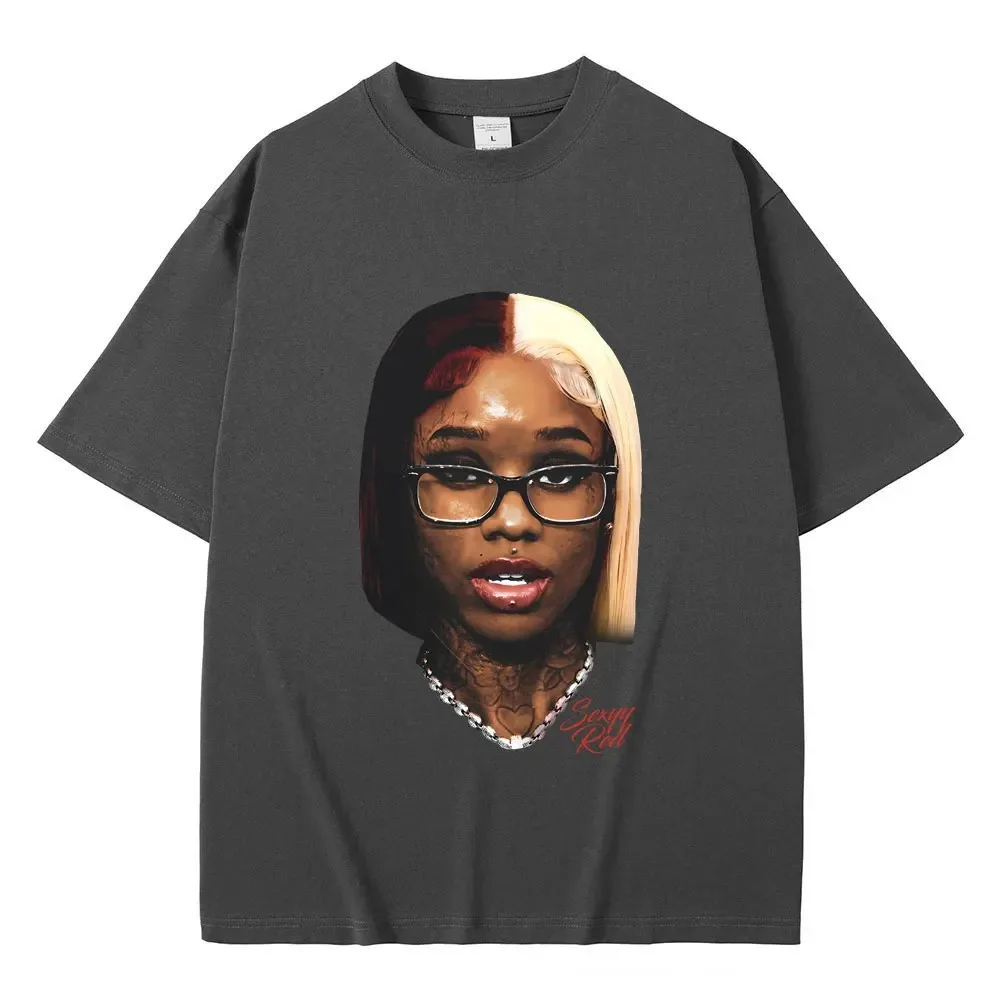 Camiseta de rapero Sexyy para hombre y mujer, camisa informal de gran tamaño con estampado gráfico de cara de Nicki Minaj rojo, Hip Hop, ropa de calle de tendencia de moda masculina