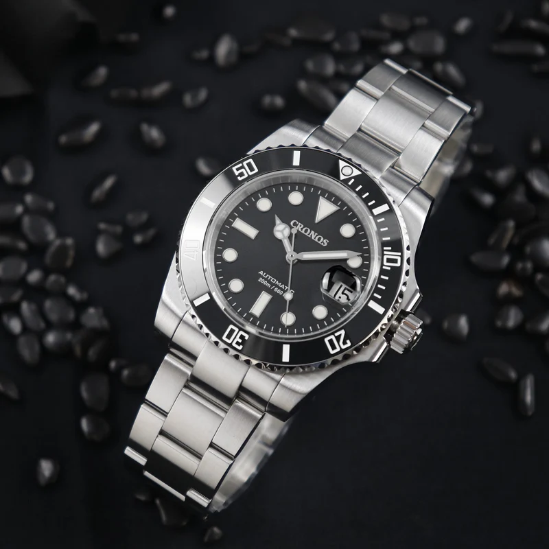 Cronos Sub Diver Men Watch Stainless Steel NH35 MOVT Bracelet Ceramic Bezel 200 Meters Water Resistant L6015