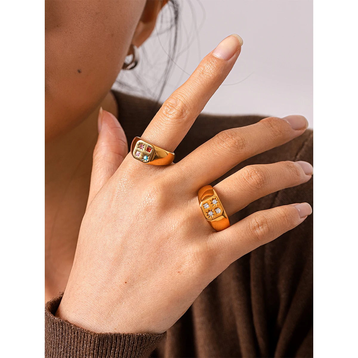 18K Gold Plated Stainless Steel Colorful CZ Star Signet Ring Waterproof Hypoallergenic Tarnish Free for Women Birthday Anniversa
