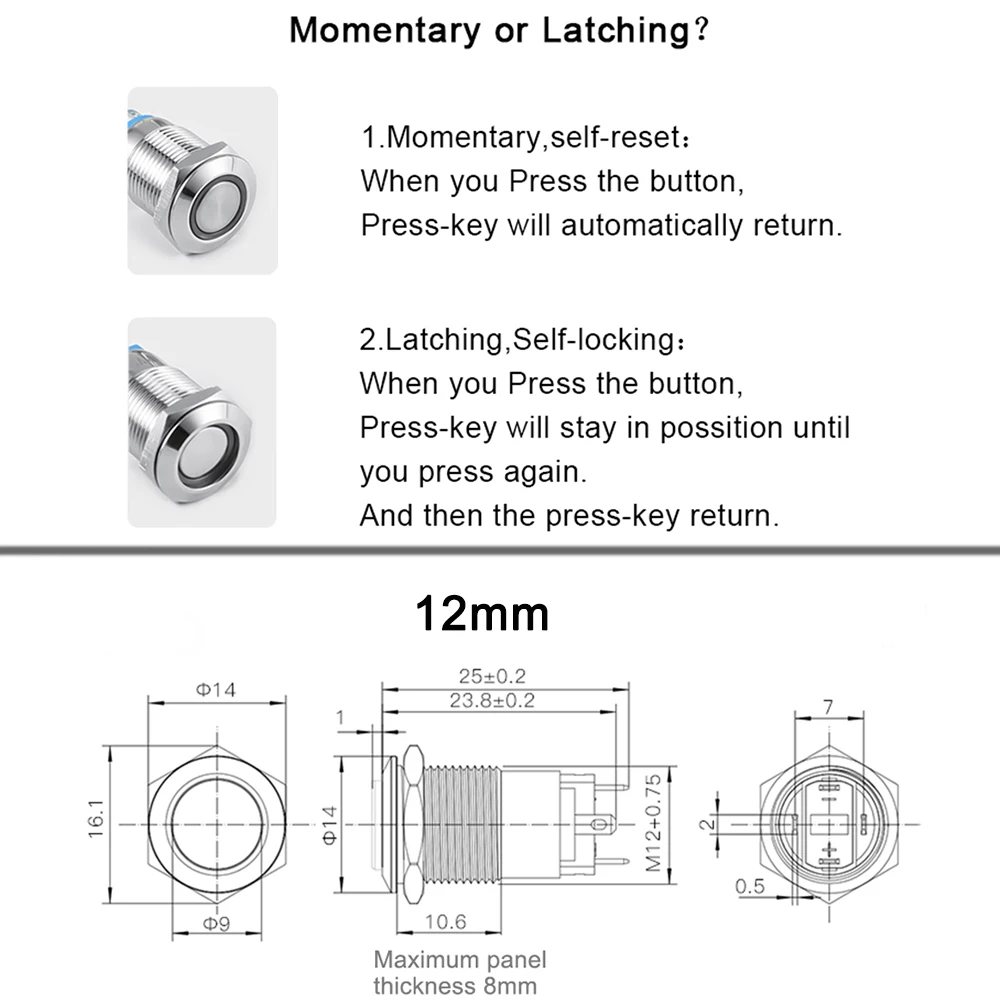 16/19/22mm Wasserdichte Metall Push Button Schalter Momentary Rast Auto Runde LED Licht Power Symbol 5V 6V 12V 24V 220V Rot Blau