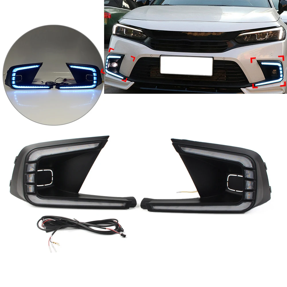 2x lampu kabut Bumper depan mobil lampu berjalan siang hari DRL dengan lampu biru kuning putih untuk Honda Civic 11th Generation 2021 +