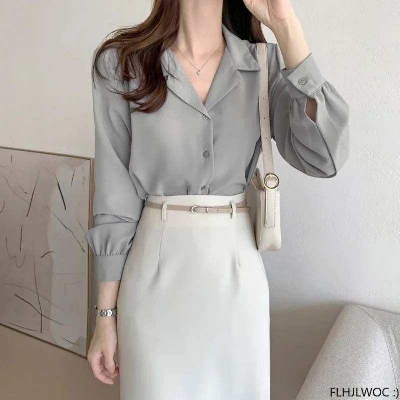 2024 Autumn Basic Chic Korea Fashion Top Office Lady Work Wear Women Single Breasted Button Blue White Shirts Blouses