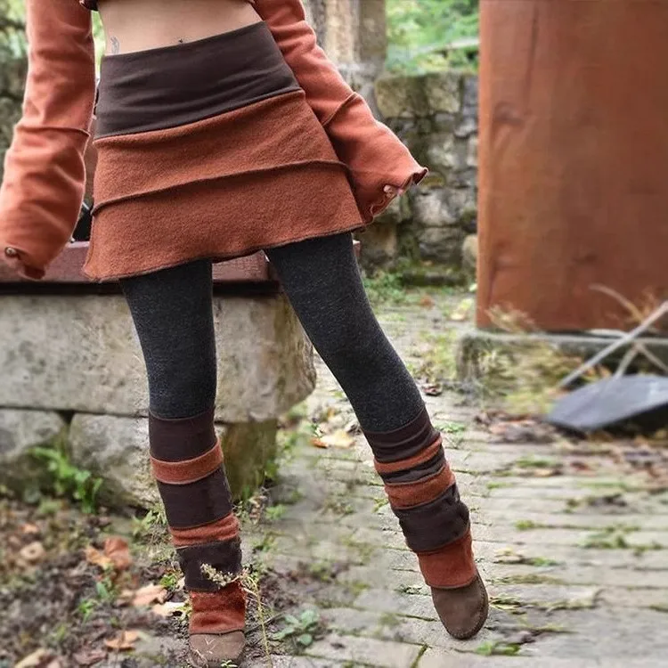 Safety Shorts Rust Brown Skort Slim Fit Olive Green Skorts Asymmetrical Hem Skirted Leggings Patchwork Design Legging Skirt