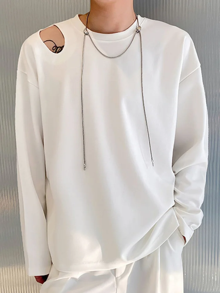 Casual Men's Round Neck Sweatshirt Personalized Shoulder Open Hole Solid Color Korean Style 2022 New Fashionable Loose Top