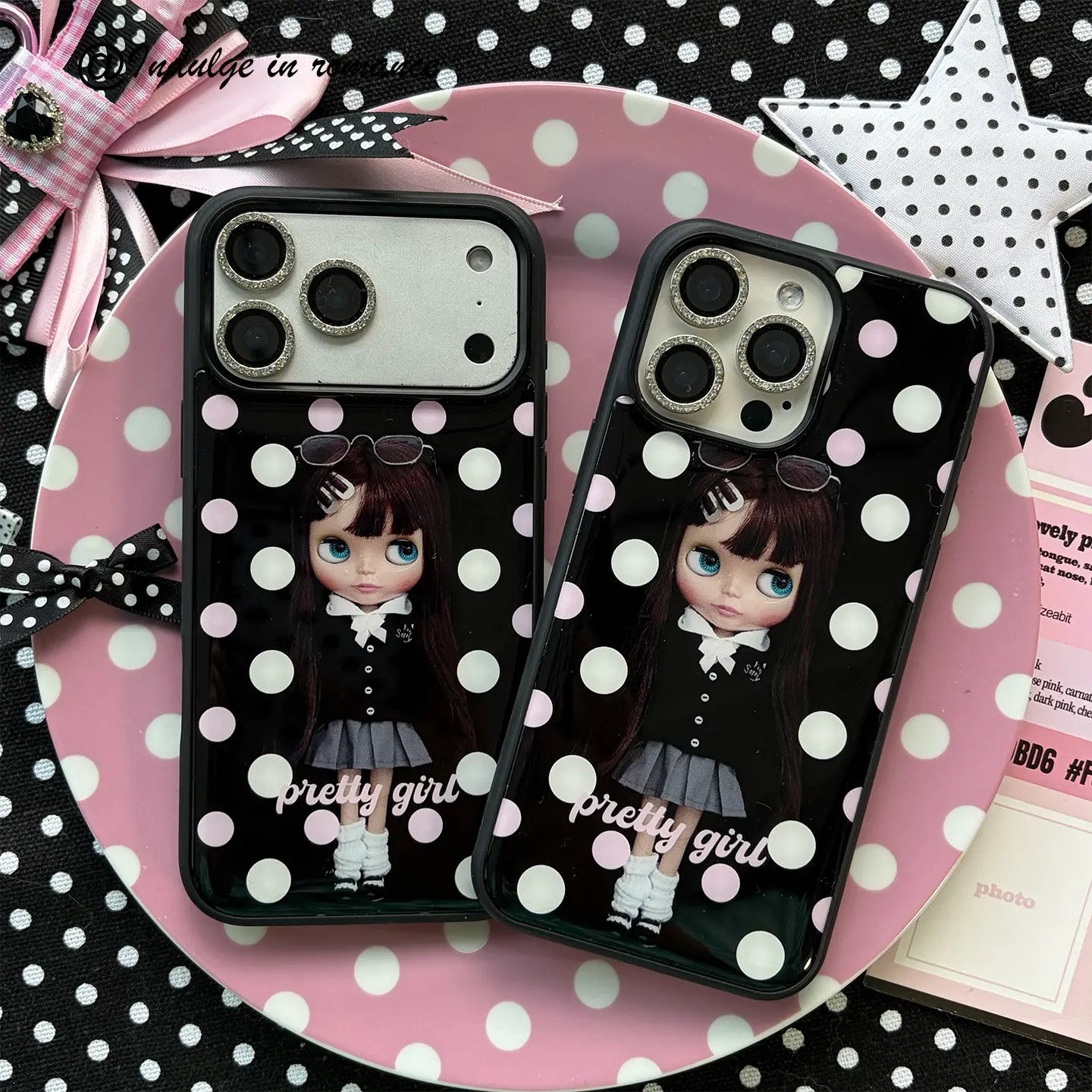 

Pretty Girl Two Colors Polka Dots Black Border Drip Glue Phone Case For iPhone 17 Air 16 Pro Max 15 14 Plus 13 12 11 Back Cover