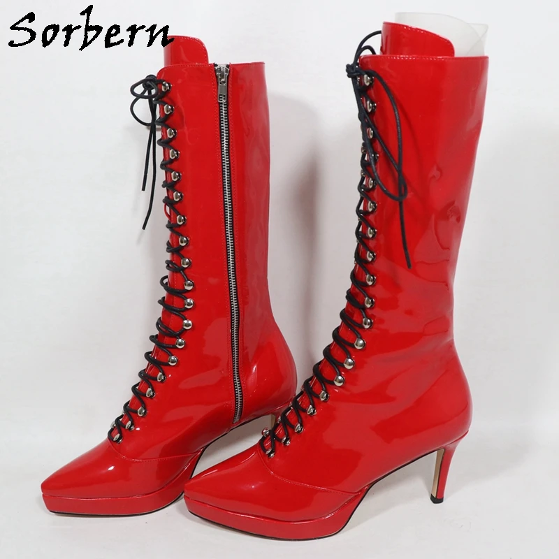 

Sorbern Red Shiny Mid Calf Boots For Women Pointed Toe Thin Platform Thin High Heel Lace Up Hooks Special Cosplay Custom Color