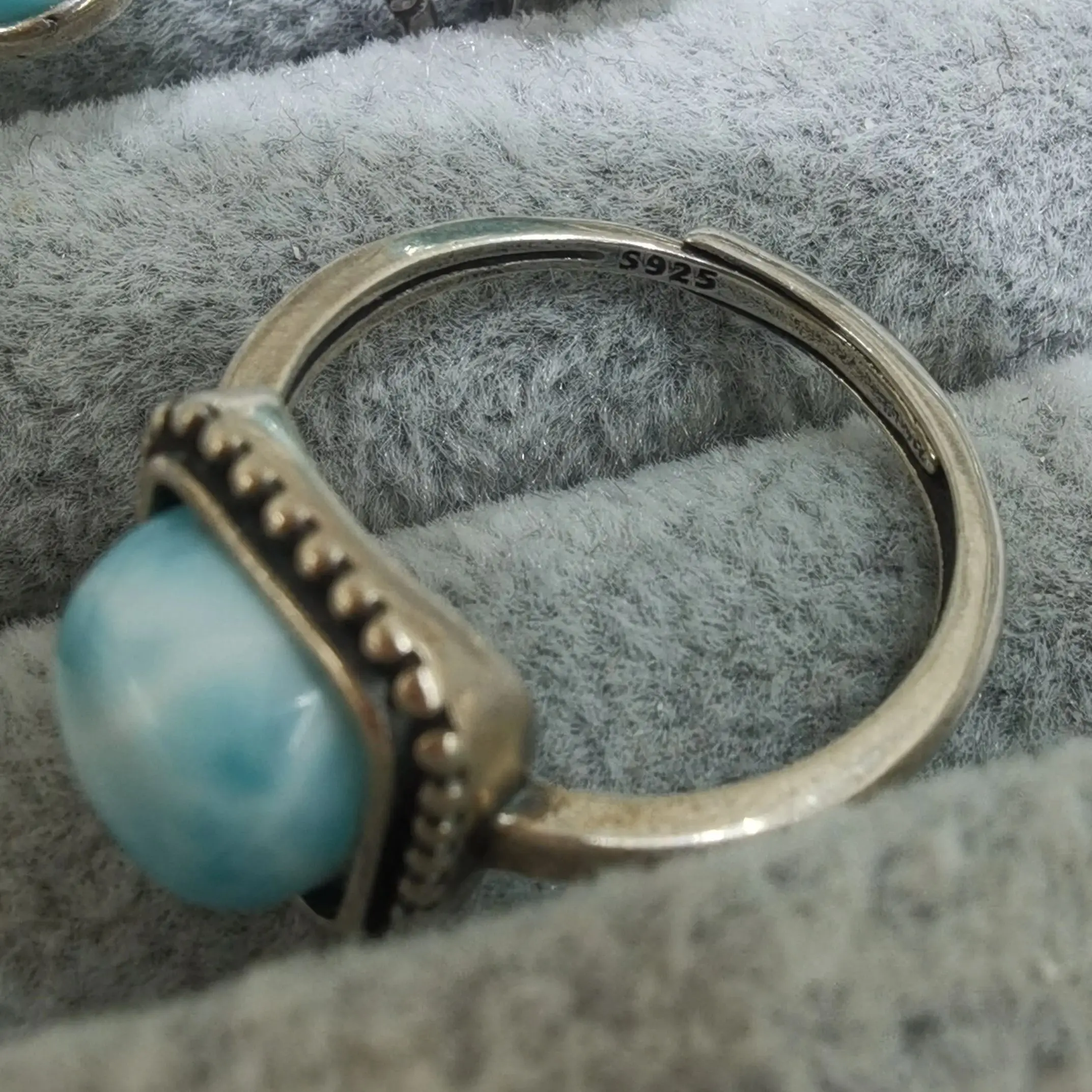 Solid 925 Sterling Silver Rings With Natural Larimar Gemstone Ring For Women Men Adjustable Size