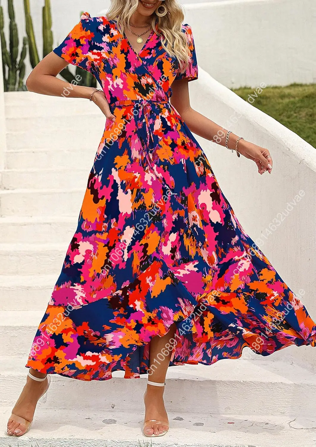 Women's Summer Maxi Dress Casual Wrap Floral Boho Short Sleeve V Neck Split Ruffle Beach Long Dresses