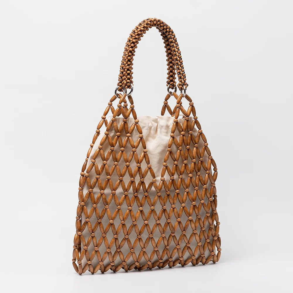 

Деревянная сумка с бусинами, ручной работы, плетеная сумка через плечо для женщин