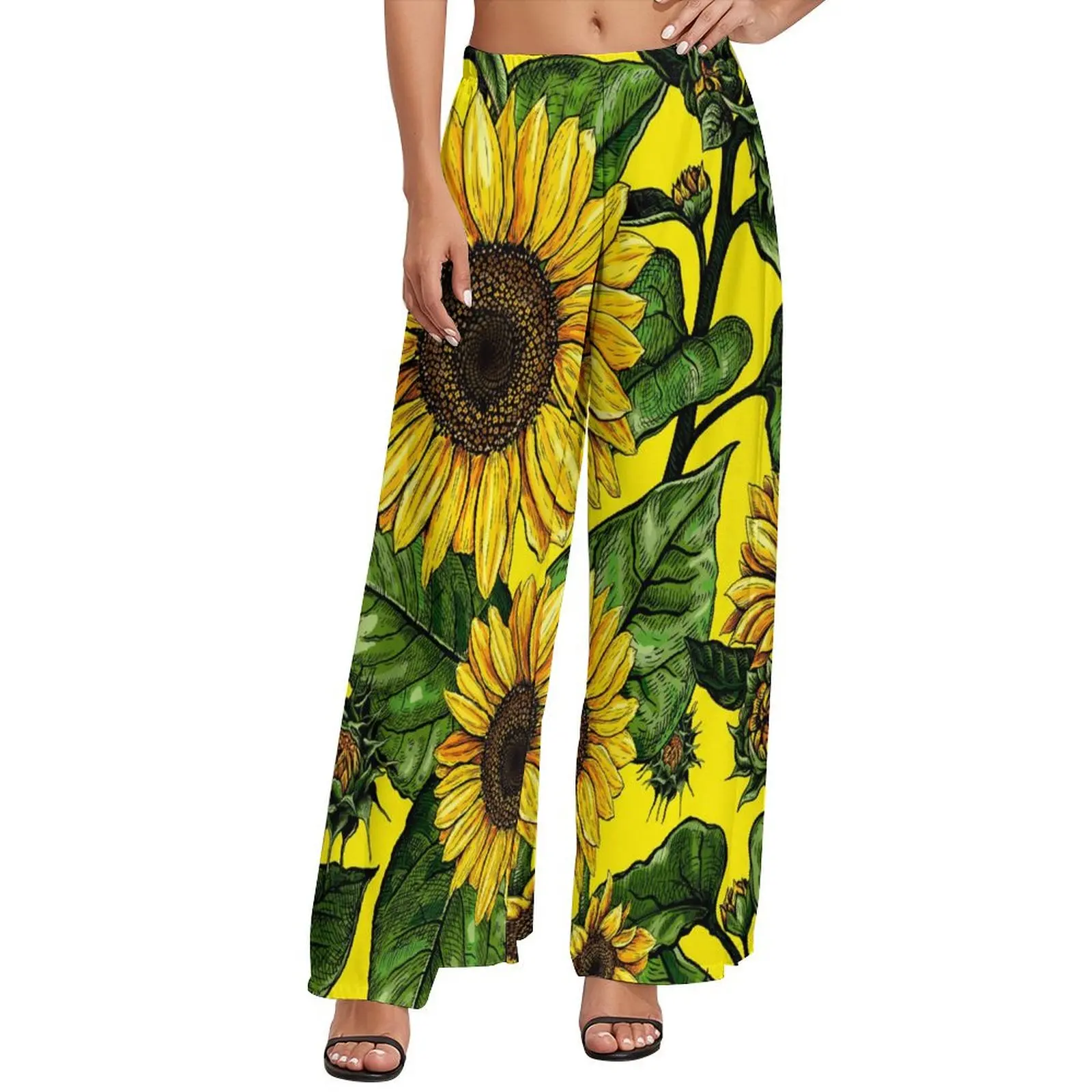 Retro Sunflower Pants Floral Design Harajuku Straight Wide Pants Elastic High Waist Elegant Trousers Big Size